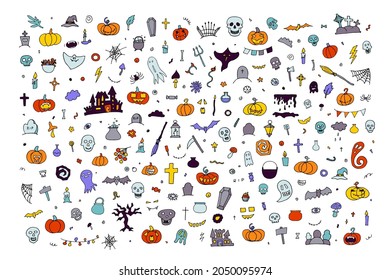 Big Doodle Happy Halloween set. Hand-drawn ghost, pumpkin, candles, skulls, bat on white background. Cute scary horror characters banner for fall holidays, Day of the Dead. Vector color illustration