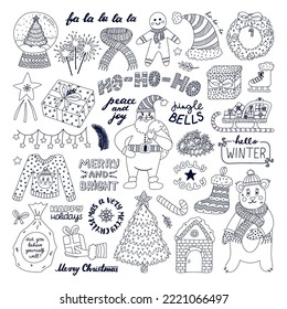Big doodle and lettering set for Christmas, New Year. Hand drawn isolated vector. Fir tree, Santa Claus, cute bear, winter clothes, holiday sweet, lights, sleigh, gift, bag, gingerbread, snowy house.