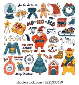 Big doodle and lettering set for Christmas, New Year. Hand drawn isolated vector. Fir tree, Santa Claus, cute bear, winter clothes, holiday sweet, lights, sleigh, gift, bag, gingerbread, snowy house.