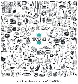 Big doodle set 2 - food, drink, kitchen tools. Cooking food, preparation of recipes. Set of icons