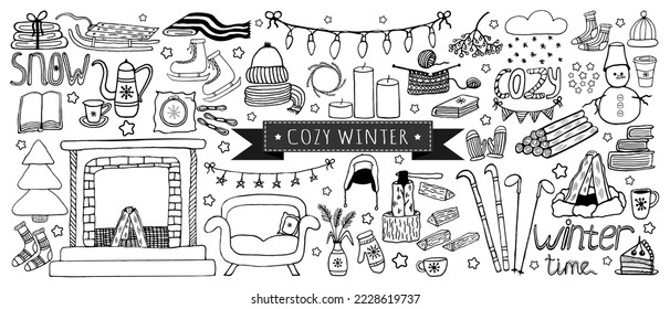 Big doodle set about a cozy winter.Interior elements. Winter outdoor activities. Cliparts of tea drinking and quiet home hobbies. Black linear doodles about cold weather, isolated on white background.