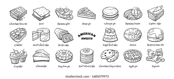 Big doodle set of American sweets. Hand drawn sketch of traditional desserts. Vector illustration on white background.