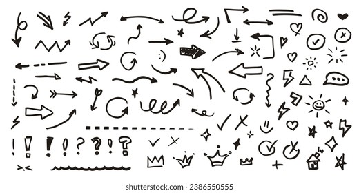 Big doodle set. Arrow, crown, heart, star and other black line hand-drawn icon. Vector sketch isolated illustration