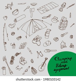 Big doodle set of camping and hiking equipment, outdoors adventure, recreation tourism. 
Isolated items needed in the journey