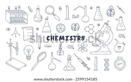 Big doodle set with chemistry, science and laboratory clipart. Lab equipment for chemical, genetic, medical experiment, study. Isolated on white learning medicine concept with hand drawn outline.