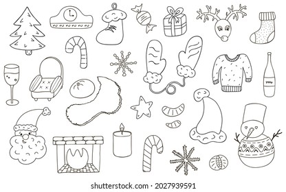 Big doodle set of Christmas, New Year hand drawn elements. Vector illustrations. Cute christmas, winter signs, characters. Black and white doodle with hand drawn outline. For craft, fabric, sticker.