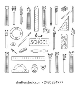 Big doodle set of cute back to school stationery with hand drawn outline. Collection of rulers, protractor, erasers, sharpeners, ballpoint pen, pencil, bookmark. School supply for study, draw, work