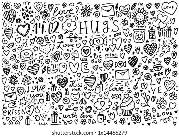 Big doodle set of elements for Valentine's day. Hearts, sweets, flowers, garlands, balls, gifts and other cute items.
