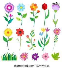 Big doodle set of flowers and leaves. Spring elements. Summer background. Vector illustration. Floral set