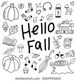 Conjunto de garabatos grandes con iconos de otoño dibujados a mano: calabazas, setas, hojas de otoño, botas de goma, paraguas, calcetines calientes, frutas de otoño. Letras escritas a mano hola otoño. Esquema de Elementos.
