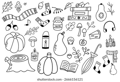Conjunto de doodle grande con iconos de otoño dibujados a mano: calabazas, setas, hojas de otoño, paraguas, calcetines calientes, frutas de otoño.