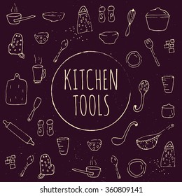 Big doodle set of hand drawn kitchen tools on chalkboard in retro style. Vector doodle illustration for cafe
