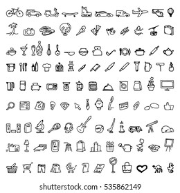 Big Doodle Set With Hand Drawn Vector Elements, Logos, Including Business, Travel, Kitchen, Hotel, Educational, Hobbies Icons.