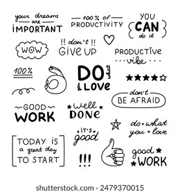 Big doodle set of handwritten lettering with motivational, cheering phrases. Cute hand drawn outline typography for good job, result, school reward. Inspirational doodle for poster, print, sticker.