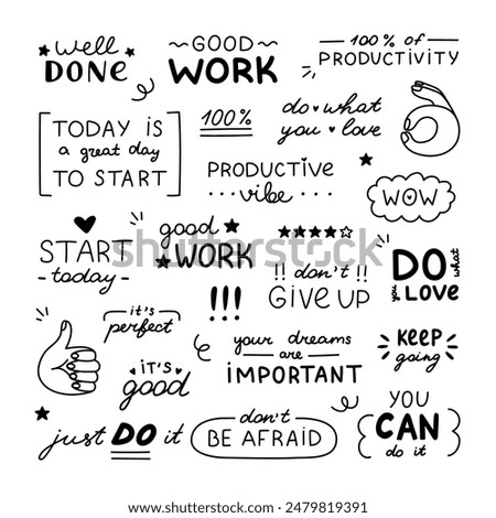 Big doodle set of handwritten lettering with motivational, cheering phrases. Cute hand drawn outline typography for good job, result, school reward. Inspirational doodle for poster, print, sticker.