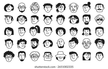 Big doodle set of human faces. Sketches of young, old, senior, woman, man, boy, girl, facial expressions, emotions. Diversity people isolated on white