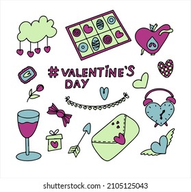 Big doodle set of icons for Valentine s day. Vector colorful illustration for the holiday on February 14. Hand draw set for romance, wedding, date, invitation, greeting card, love. Icons for banners