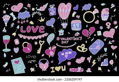 Big doodle set of icons for Valentine s day. Vector colorful illustration for the holiday on February 14. Hand draw set for romance, wedding, date, invitation, greeting card, love. Icons for banners