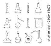 Big doodle set with laboratory beaker with fire, chemical solution, bubble. Flat-bottomed, round flask, glassware, tube for scientific, chemistry experiment. Hand drawn outline lab equipment.