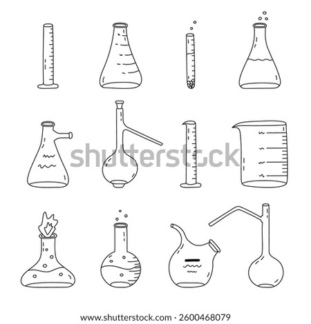 Big doodle set with laboratory beaker with fire, chemical solution, bubble. Flat-bottomed, round flask, glassware, tube for scientific, chemistry experiment. Hand drawn outline lab equipment.