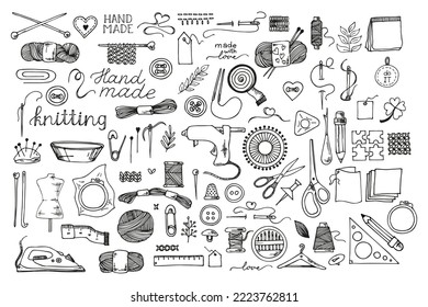 Big doodle set of outline drawings, hand-drawn knitting elements. Vector sketch icon illustration for hand made hobby