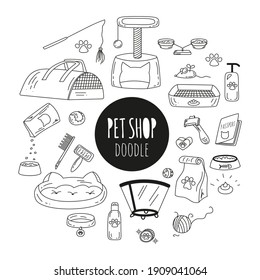 Big Doodle set with Pets stuff and supply icons set. Vector illustration in hand drawn style. Vet symbol collection for pet shop