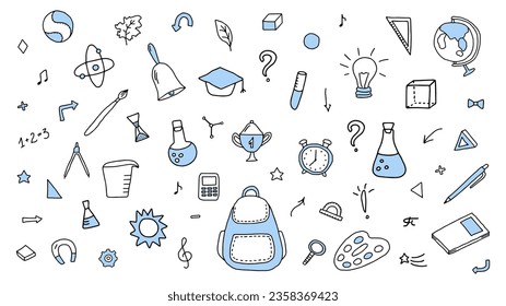 Big Doodle set school, science. Black and white outline. Sketch icon set. Vector isolated on white. School supplies, laboratory equipment, tools. Back to school. Learning, education, knowledge