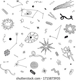 big doodle set of universe icons black and white