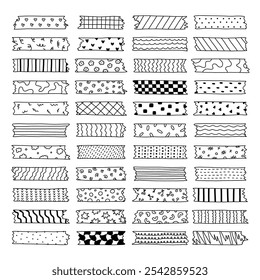 Grande doodle conjunto de fitas washi listras com rabisco, geometria, bonito padrão. Fita adesiva com ornamento preto e branco. Fita de uísque decorativo moderno com bordas irregulares para scrapbook, planejador, design.