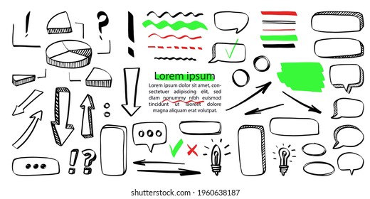 Big doodle signs and business symbols, punctuation marks set. Hand-drawn arrows up and down, speech bubbles, thinking clouds, points, marks, markers, icons.