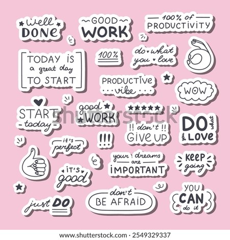 Big doodle stickers set with handwritten lettering with motivational, cheering phrases for planners, notebooks. Ready for print list of cute stickers. Inspirational typography for good job, result.