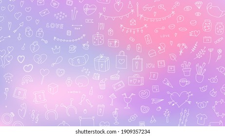 Big Doodle Valentine's Day set. Hand drawn love symbol on blurred light background. Cute greeting cards, gifts, accessories with hearts. Balloons, message sign. Pastel pink, lilac smooth vector banner