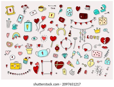 Big Doodle Valentines Day set. Hand-drawn love symbol isolated on white background. Cute greeting cards, envelopes, gifts, accessories with hearts. Balloons, message, flower sign. Vector illustration