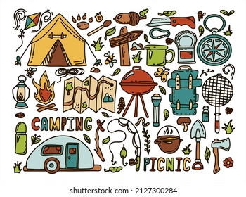 Juego de acampada vector Big Doodle. Esbozar caminatas Icons.Dibujar ilustración para el picnic de verano en la naturaleza. Equipo de acampada