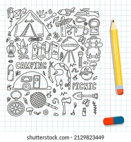 Big Doodle vector camping set. Sketch hiking Icons.Hand draw illustration for summer picnic in nature. Camping equipment