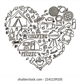 Big Doodle vector camping set. Sketch hiking Icons.Hand draw illustration for summer picnic in nature. Camping equipment