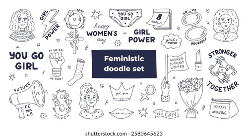 Big doodle You Go Girl set for sisterhood, gender equality, women rights, self love. Hand drawn outline collection with female motivational symbols, lettering about diversity, positive slogan.