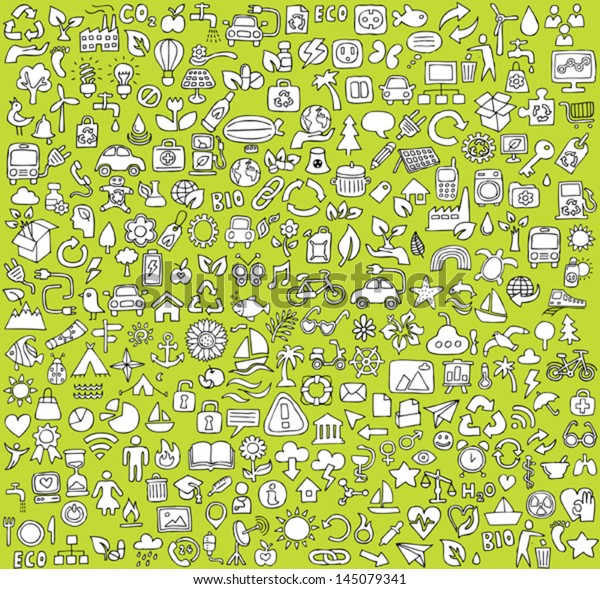 Big doodled ecology icons collection in\
black-and-white. Small hand-drawn illustrations are isolated\
(group) and in eps8 vector\
mode.