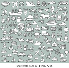 Big doodled transportation icons collection in black-and-white. Small hand-drawn illustrations are isolated (group) and in eps8 vector mode.