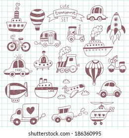 Big doodled transportation icons collection on school notebook. Travel set with retro cars, air-balloons, ships, bike, helicopter and train
