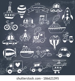 Big doodled transportation icons collection in black-and-white. Travel set with retro cars, air-balloons, ships, bike, helicopter and train. Graphic vintage set on chalkboard background. 