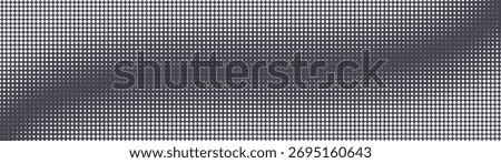 Big dots grid halftone pattern smooth curved structure ultra wide 32:9 aspect ratio vector grey graphite abstract background. Half tone textured panoramic ultrawide format retro futuristic abstraction