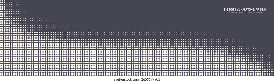 Grande grade de pontos meio-tom padronizado suave curva borda ultra larga 32:9 taxa de aspecto vetor cinza grafite abstrato fundo. Meio tom texturizado panorâmico formato ultrawide abstração futurista retro