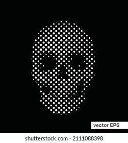 Big dots texture halftone black and white vector illustration of skull head from 3D rendering. 