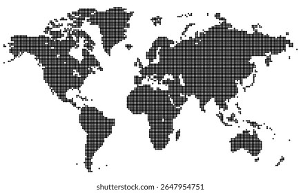 Pinturas de mapas de mundo grandes pontilhadas com fatores de pixel ilustrando regiões mundiais e territórios de resumo. Melhor para visuais de plano de fundo, geografia e modelos infográficos.