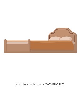 Big double bed with wooden frame and pillows is standing in the room on white background