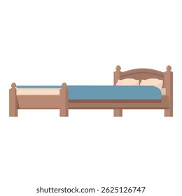 Big double bed with wooden frame, headboard and two pillows is standing on the floor