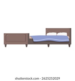 Big double bed with wooden frame, blue sheets and two pillows is waiting for its owner