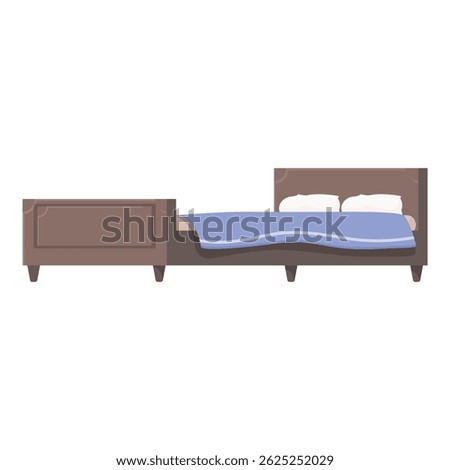 Big double bed with wooden frame, blue sheets and two pillows is waiting for its owner
