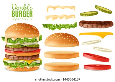 Big Double Burger Maker Constructor. Realistic Style. Isolated Elements Which Are Easy To Change And Move On White Background With Separate Isolated Ingredients. Vector Set